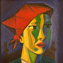 Woman in red bandanna painted in cubist style.