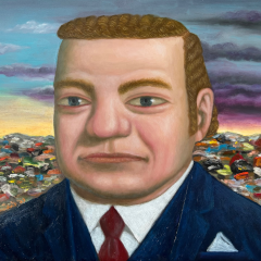 Portrait of a businessman in suit with garbage dump background.