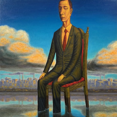 Portrait of a businessman sitting on a chair in the middle of a swamp.