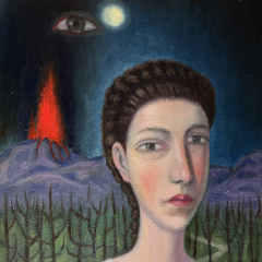 Painting of woman with volcano spewing lava in background and an eye in the sky next to a yellow moon.